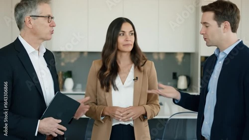 Three Diverse Business Professionals Engaging in a Focused Discussion and Collaborative Exchange of Ideas within a Bright Modern Office Setting or Studio Space