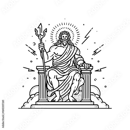 Illustration of poseidon sitting on a throne holding a trident with lightning and halo in black and white