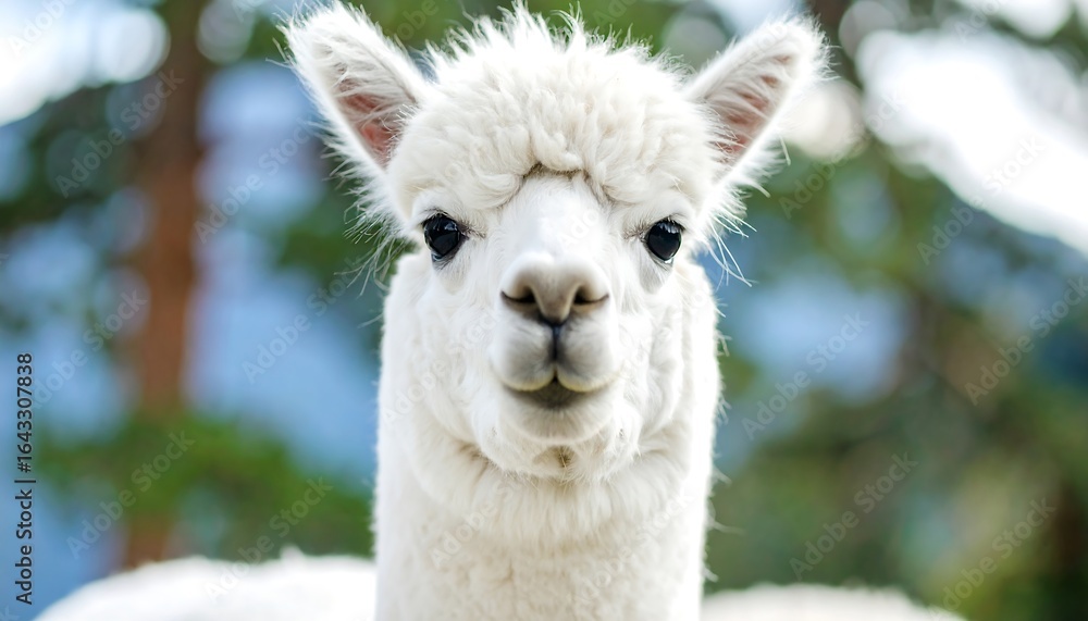 Obraz premium Charming close-up showcases the serene gaze of a white alpaca amidst blurred foliage serenity