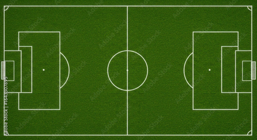 Obraz premium Aerial top-down view of a soccer field with white markings on green grass. A classic football pitch layout for strategy and game planning.