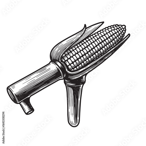 Detailed black and white engraved illustration of freshly harvested corn on the cob