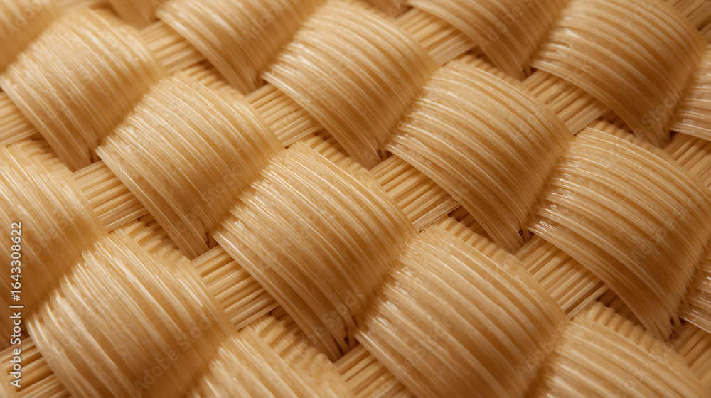 Fototapeta premium The macro close-up shows a smooth, tightly woven surface made of glossy, light, golden-brown synthetic strands, with a realistic, almost plastic-like texture.
