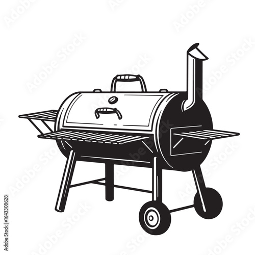 Detailed black and white illustration of a classic backyard barbecue grill perfect for summer grilling