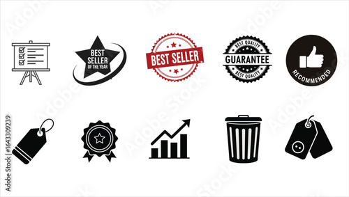 Collection of business and marketing icons including best seller badges and tags best quality guarantee