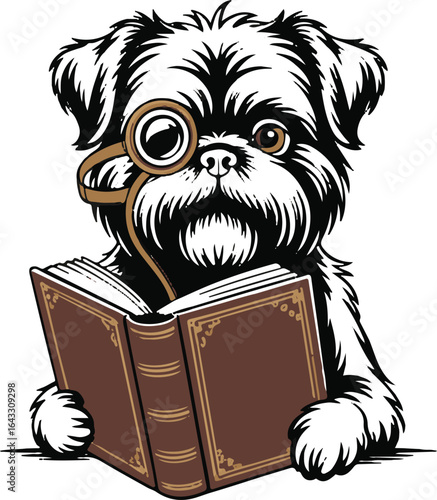 Small shaggy dog with monocle reads an ornate antique book small dog reading