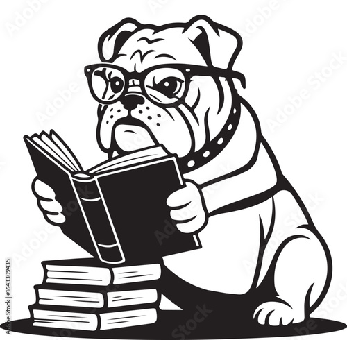Black and white illustration of a bulldog wearing glasses reading a book canine animal