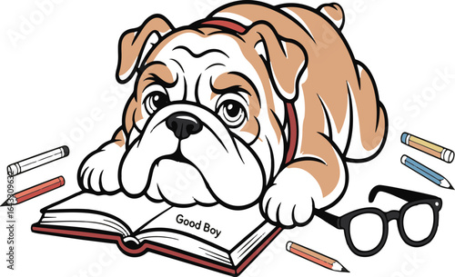 Sad bulldog lies on an open book with Good Boy text surrounded by pencils and glasses lying down