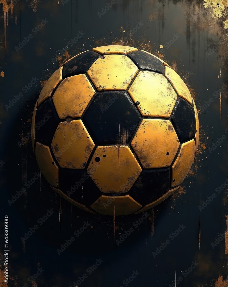 Naklejka premium Old, weathered yellow and black soccer ball on a dark, grungy textured background, representing vintage sports