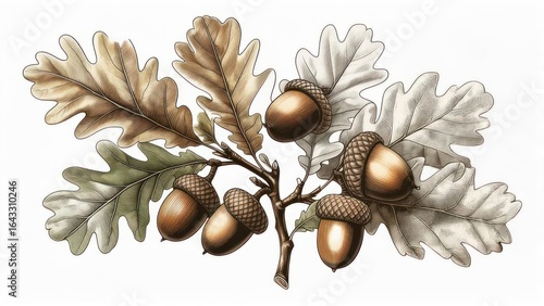 Illustration of oak acorns and leaves