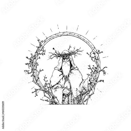 Tree Stump with Branches and Sun Illustration