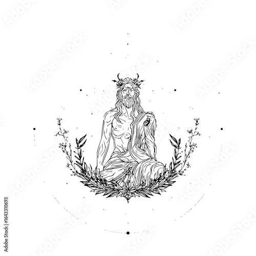 Shaman Sitting in Floral Circle with Crown of Leaves