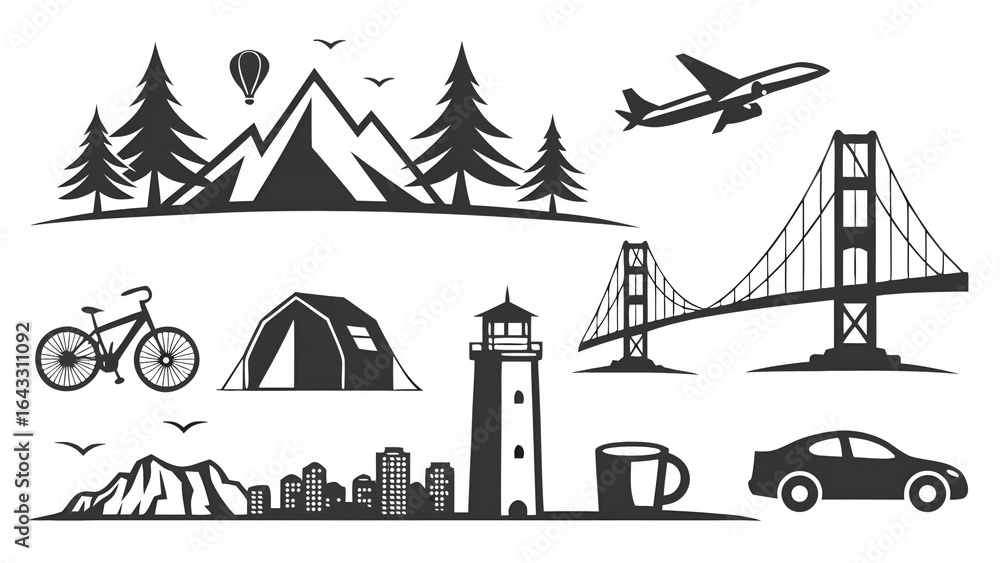 Naklejka premium Travel Icons with Mountains, Bridge, Airplane