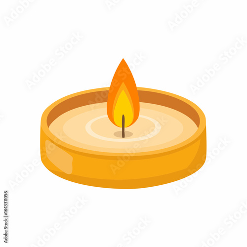 Burning tea light candle with a bright orange flame, representing warmth and light for decor.