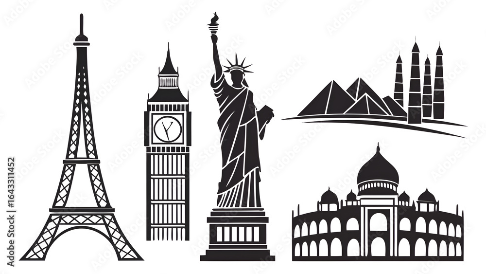 Obraz premium World Landmarks Silhouette, Eiffel Tower, Big Ben