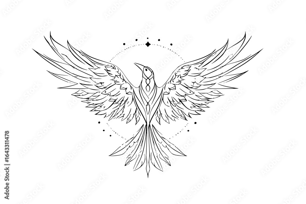 Fototapeta premium Phoenix Bird Rising with Wings Spread in Starry Circle