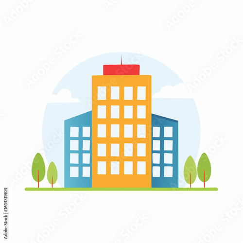 Modern city buildings with trees flat design vector illustration