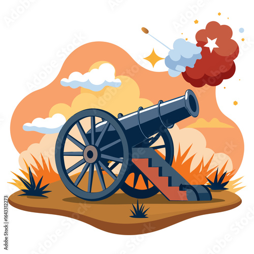 American Civil War Battlefield Cannon Smoke and Bullets Vector Illustration