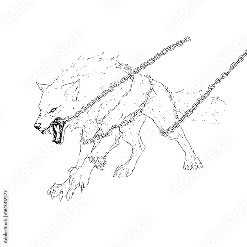 Furious Wolf Straining on Chain Isolated on White