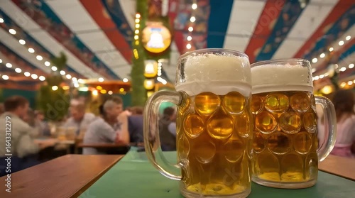 Two frothy beer mugs on a table in a bustling Oktoberfest beer tent. surrounded by festive lights and joyful patrons.
