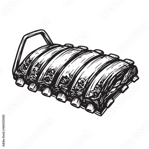 Hand drawn black and white illustration of smoked bbq ribs with a handle