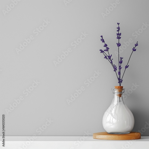 Elegant glass vase with lavender on a wooden stand, in a minimalist interior with a gray background, creating an atmosphere of coziness and freshness, with space for text, PNG format, modern style.