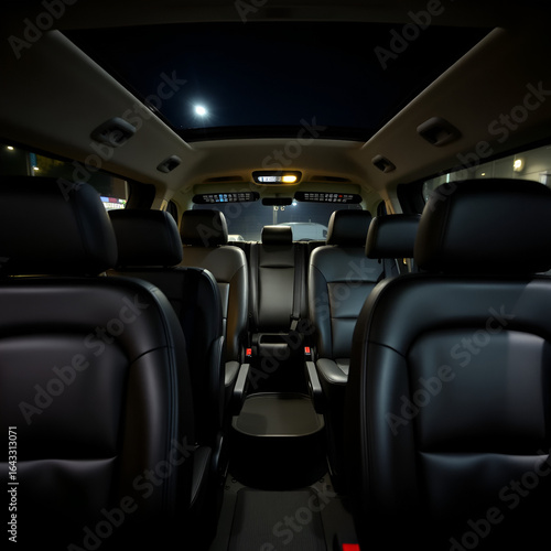 Passenger van interior with rows of leather seats at night. Front seat of mini van in focus and two rear rows in the background.