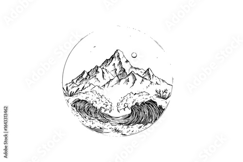 Mountain Landscape with Ocean Waves in Circle Frame