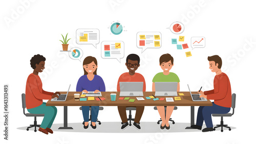 A collaborative team working together on a project, seated around a conference table