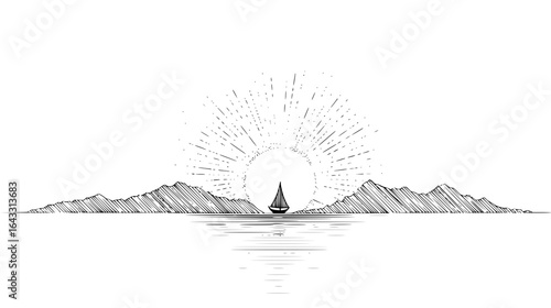 Sailing Boat on Calm Water in Front of Mountains at Sunrise