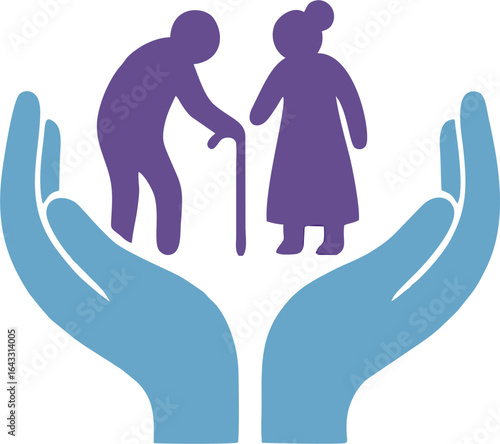 Vector illustration of protective hands holding elderly couple with cane, symbolizing senior care, health safety, and compassionate community support.