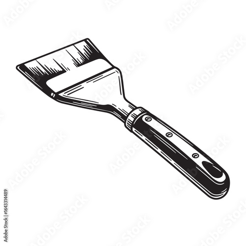 Hand drawn illustration of a paint scraper tool in black and white isolated on white