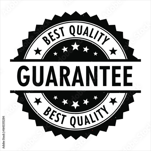 Black and white circular guarantee seal with stars and text stamp award