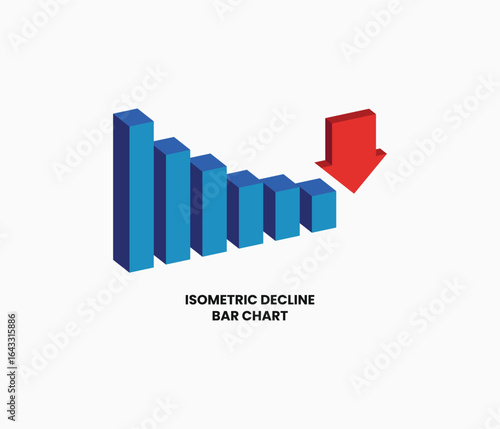 Isometric decline bar chart with downward red arrow, representing negative progress, loss, or economic decrease