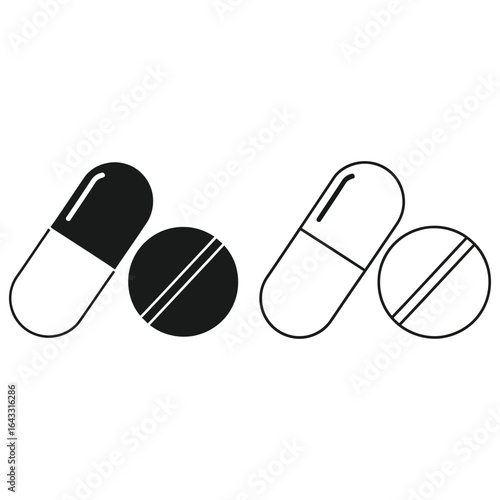 Black and white outline and solid icons of a capsule and a pill medicine health