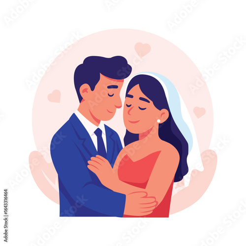 A heartwarming illustration of a happy bride and groom embracing tenderly.