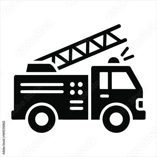 Black silhouette of a fire truck with extended ladder and flashing light fire engine emergency vehicle