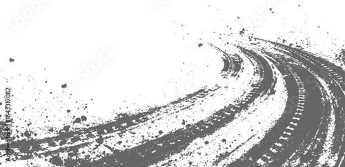 Tire tracks, wheel braking marks. Truck, car or motorcycle tread pattern silhouettes. Grunge tire track wheel braking marks. Grunge tire track, wheel braking marks. Truck, car or motorcycle tread