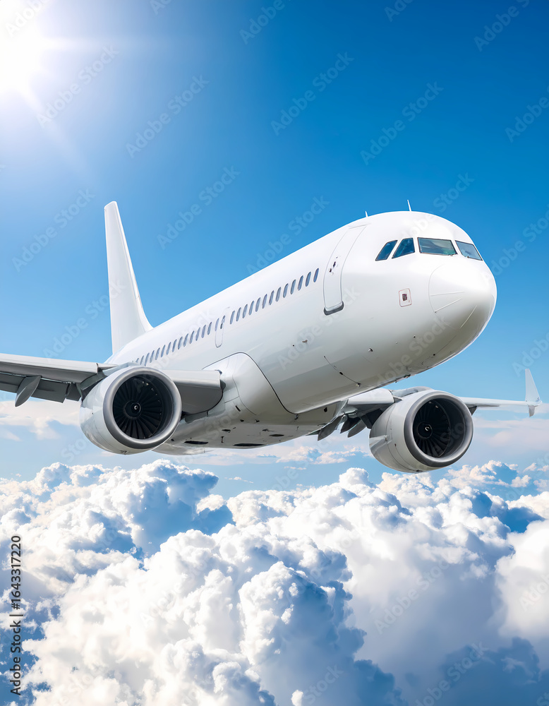 Obraz premium Airplane flying above clouds on sunny day