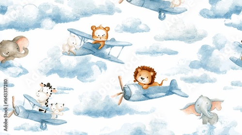 Animals flying in planes among clouds