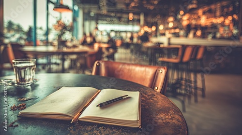 Open notebook on a table in a cafe.