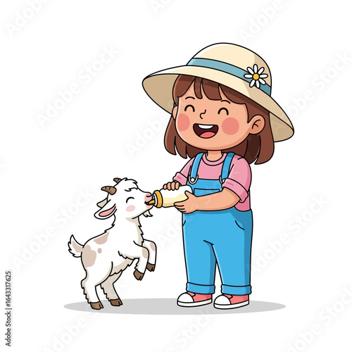 A happy cartoon girl wearing a hat feeds a baby goat with a bottle, both smiling in a cheerful scene.