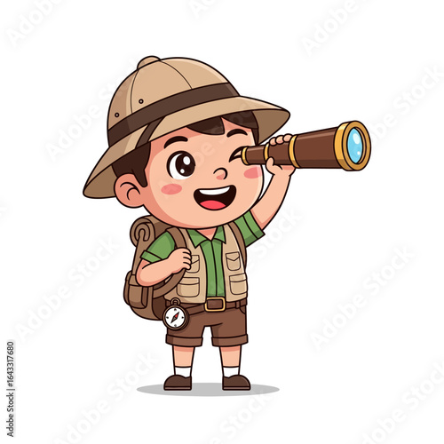 Cartoon illustration of a young boy dressed as an explorer, wearing a pith helmet and backpack, looking through a telescope with a happy expression.