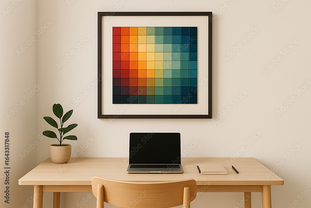 Fototapeta premium Minimalist Office Corner with Square Mosaic Art Frame Modern Interior Design Workspace