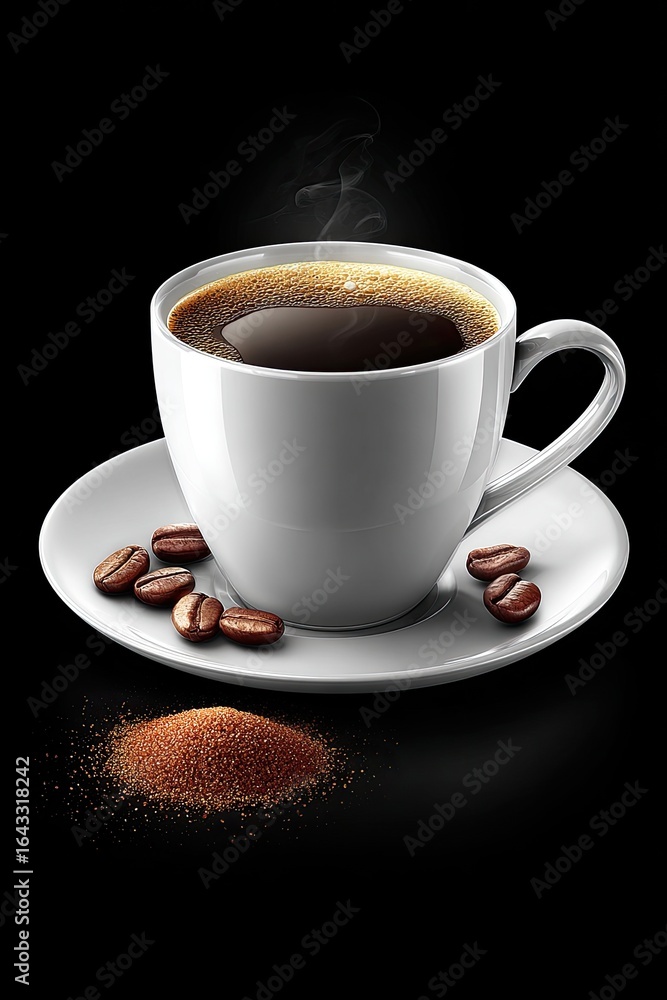 Fototapeta premium White coffee cup with steaming dark coffee, coffee beans, and cocoa powder