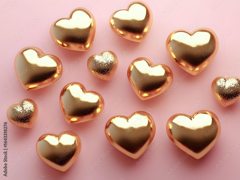 Golden metallic hearts scattered on pink background create romantic composition with reflection and shine, suitable for Valentine's Day designs and love themes. Golden metallic hearts scattered on pink background create romantic composition with reflection and shine, suitable for Valentine's Day designs and love themes.