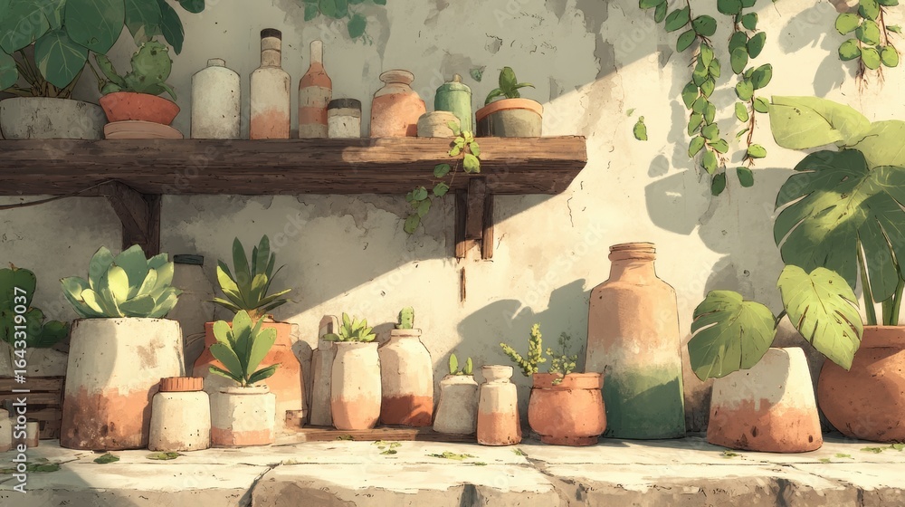 Obraz premium Rustic wooden shelf display of plants and containers.
