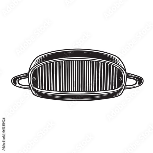 Vintage car grill illustration in black and white featuring retro design and automotive symbolism