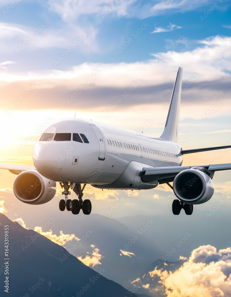 Airplane in flight above mountains