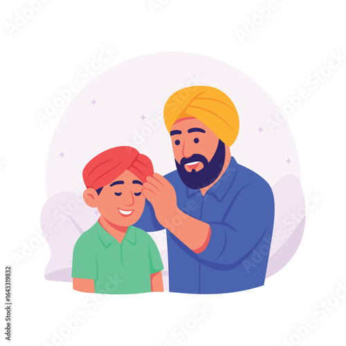Flat illustration of a father tying turban on his son, premium vector