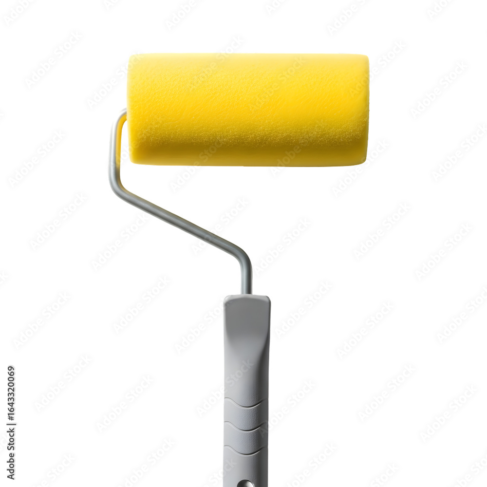 Obraz premium Yellow paint roller with a metal handle, isolated on transparent background